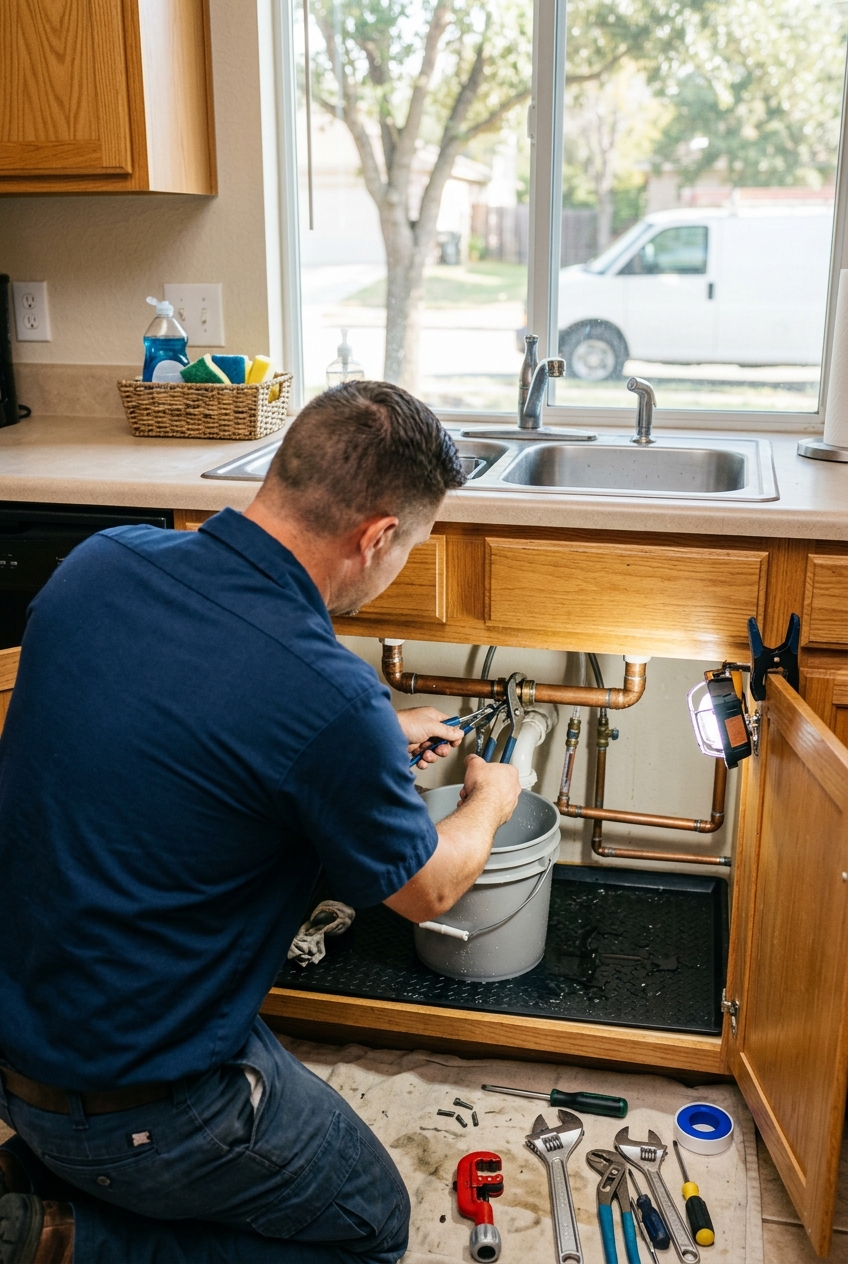 Licensed plumber at work on a San Antonio service call